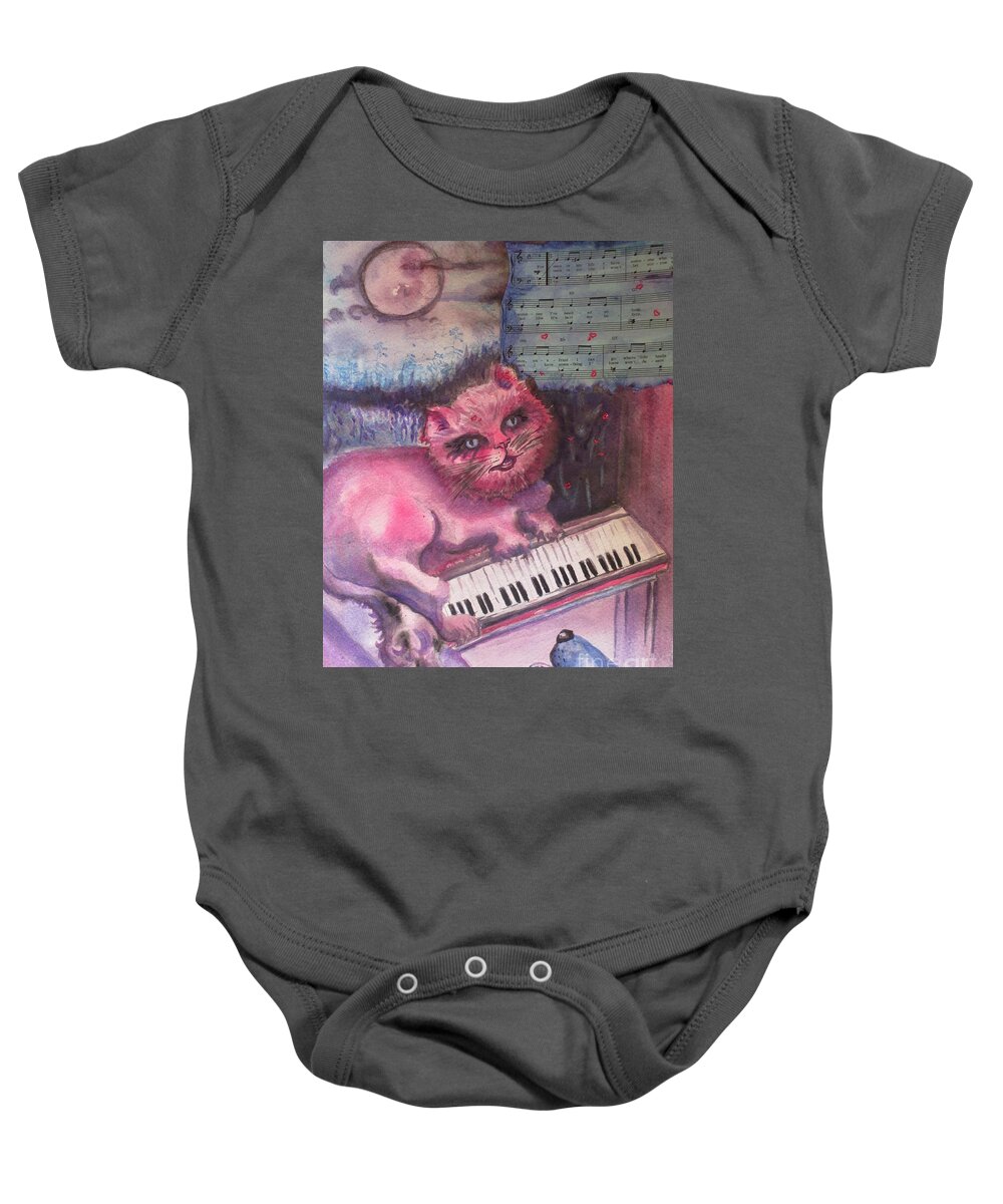 Cats Baby Onesie featuring the painting Pink Cat Sings the Blues by Lynn Maverick Denzer