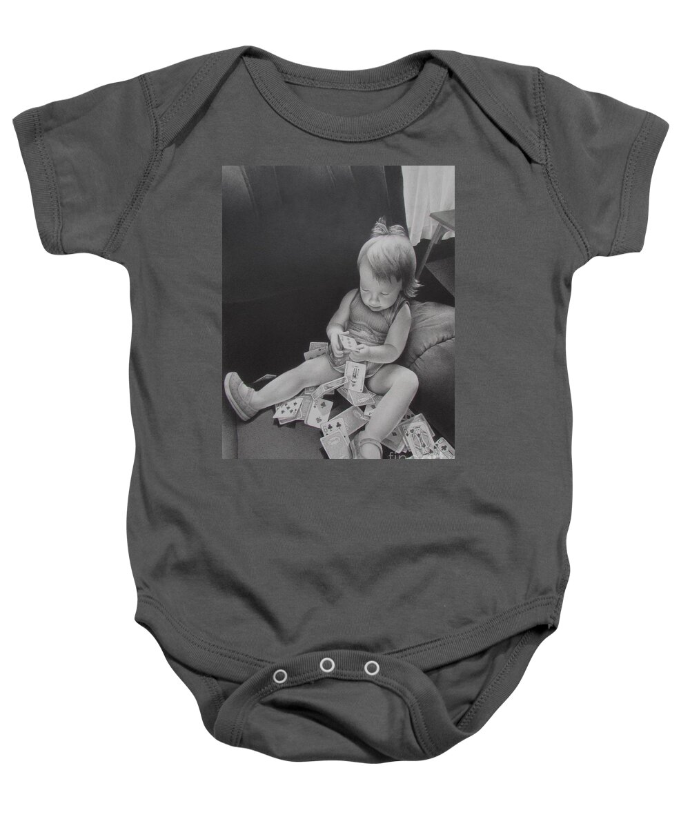 Graphite Baby Onesie featuring the drawing Pokerface by Pamela Clements