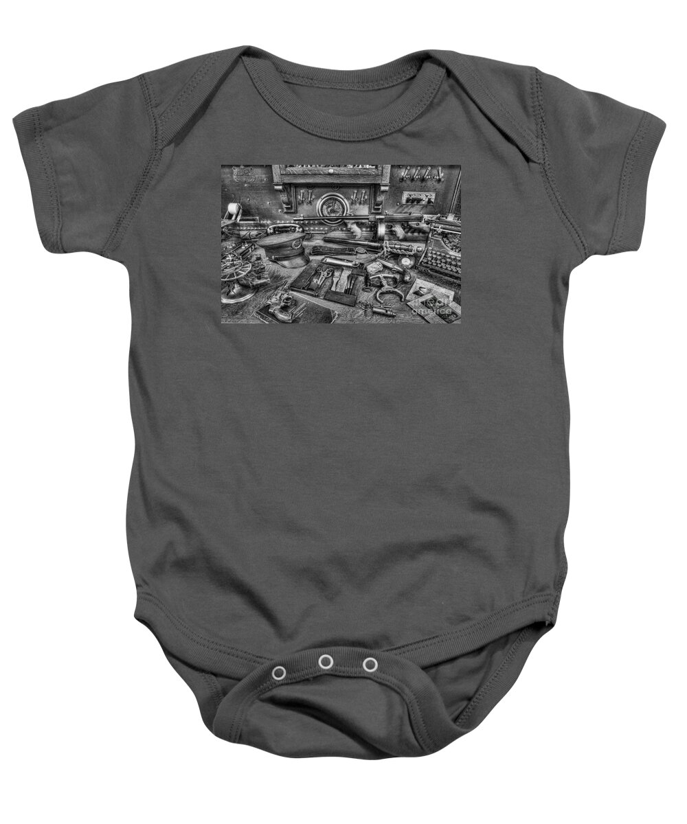 Police Baby Onesie featuring the photograph Police - Behind the Front Desk Black and White by Lee Dos Santos