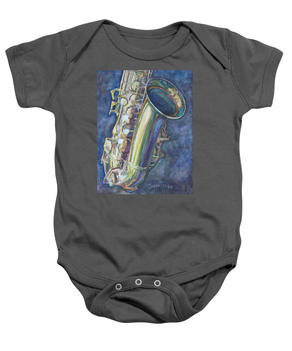 Sax Baby Onesie featuring the painting Portrait of a Sax by Jenny Armitage
