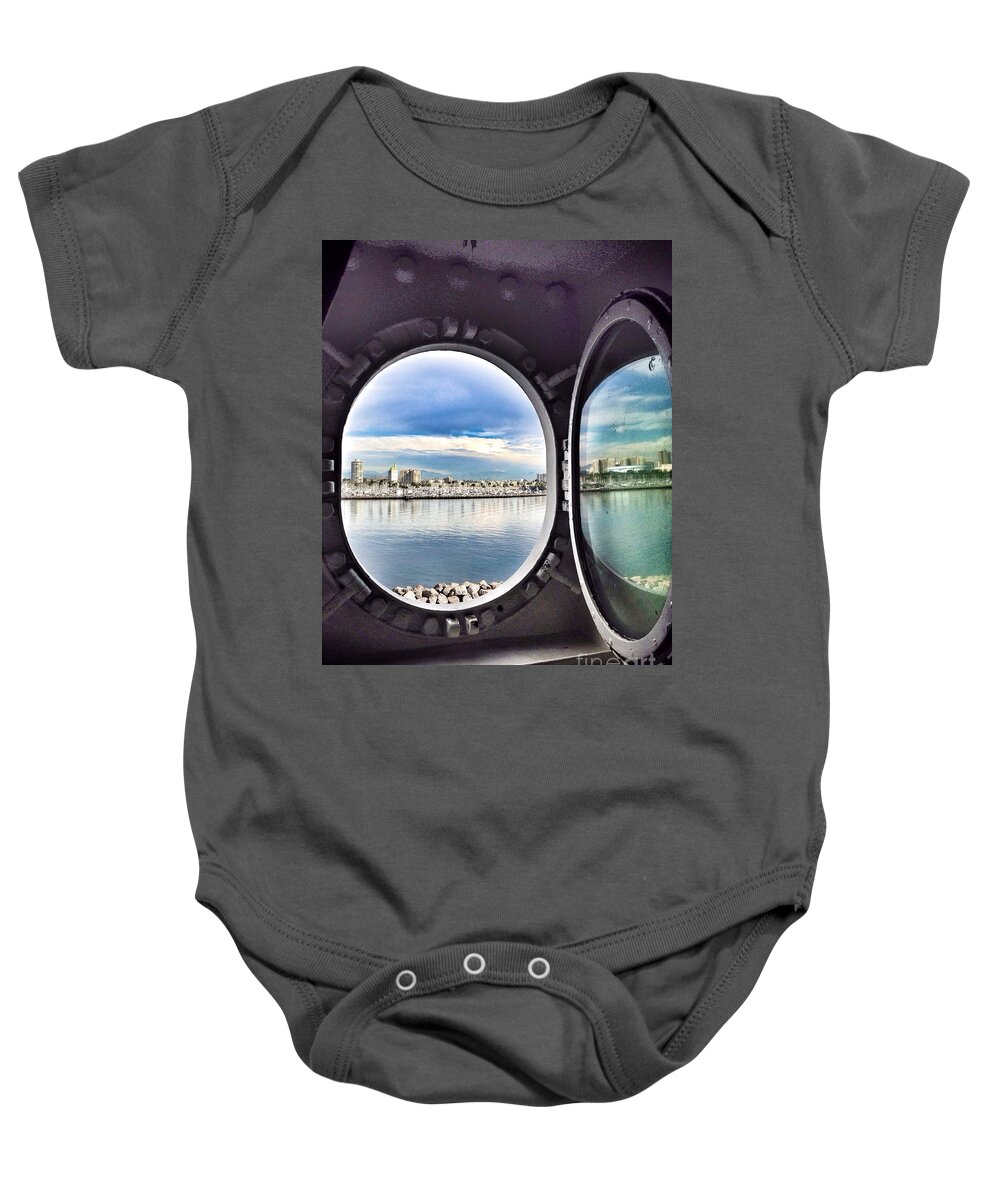 Queen Mary State Room Port Hole View Baby Onesie featuring the photograph Queen Mary Starboard View by Susan Garren