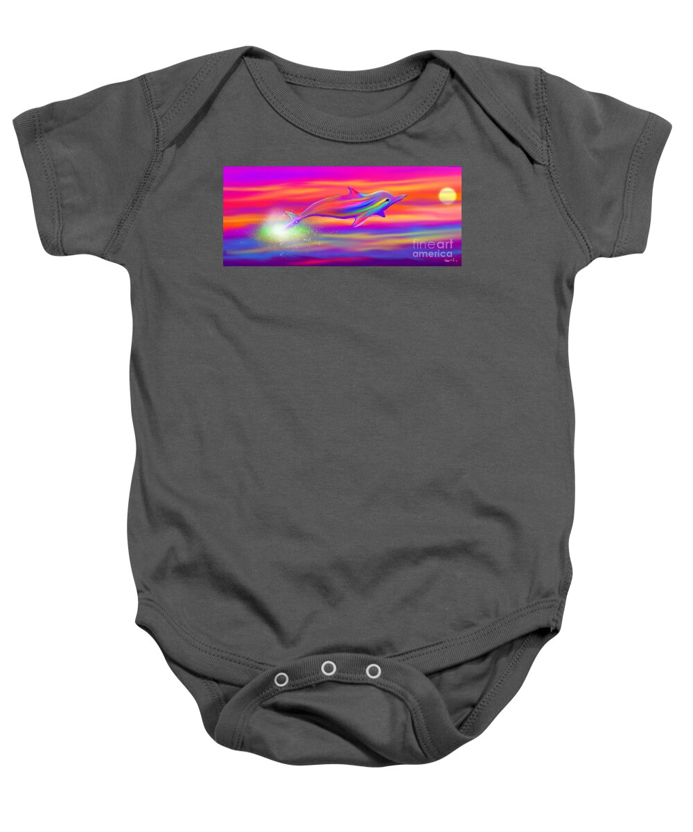Dolphin Baby Onesie featuring the painting Rainbow Tide Dolphin by Nick Gustafson