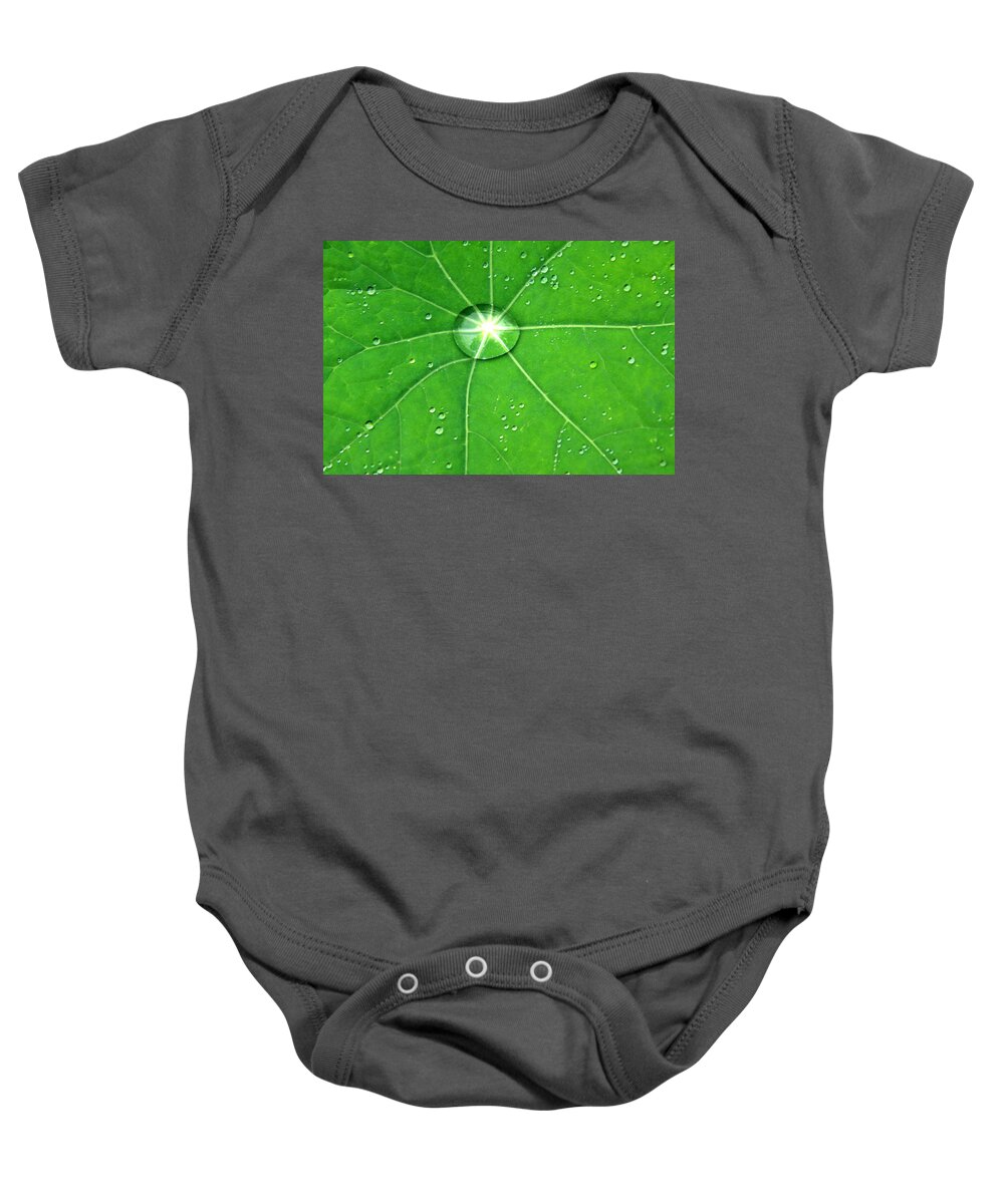  Green Leaf Baby Onesie featuring the photograph Raindrop Junction by Aidan Moran