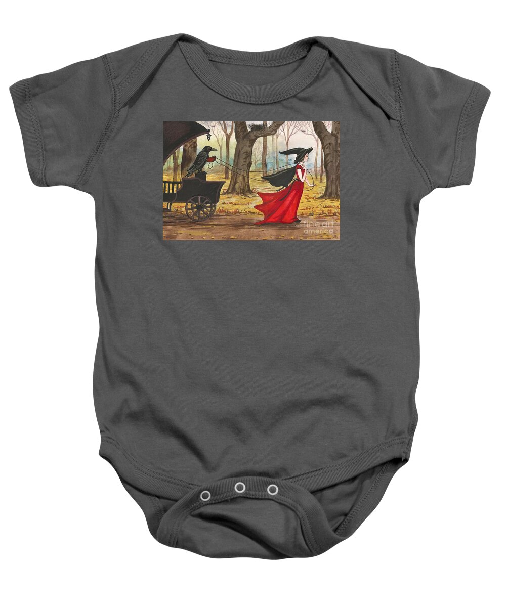 Painting Baby Onesie featuring the painting Ravens Halloween Carriage by Margaryta Yermolayeva