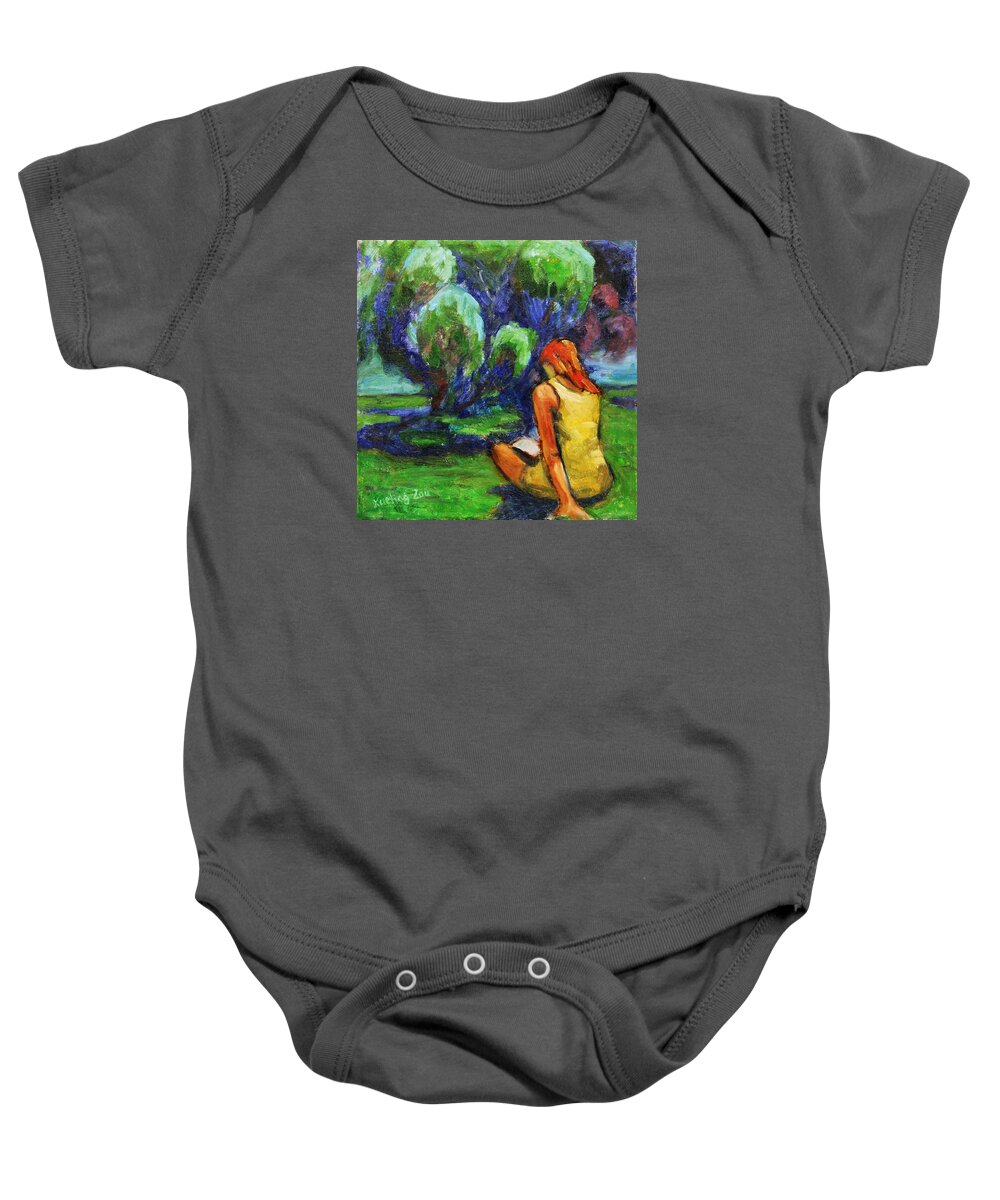 Figurative Baby Onesie featuring the painting Reading in a Park by Xueling Zou