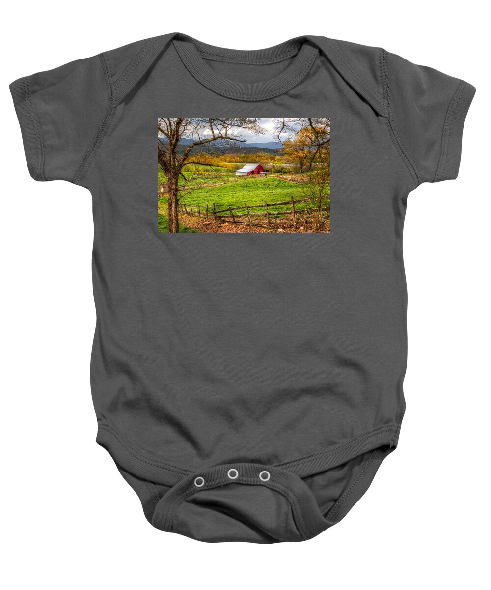 Andrews Baby Onesie featuring the photograph Red Barn by Debra and Dave Vanderlaan