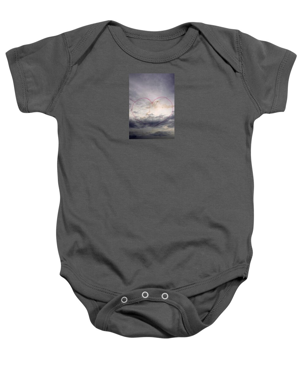 Outdoor Baby Onesie featuring the photograph A beautiful heart painted by Red arrows acrobatic team in Minorca - Red sky in my heart by Pedro Cardona Llambias