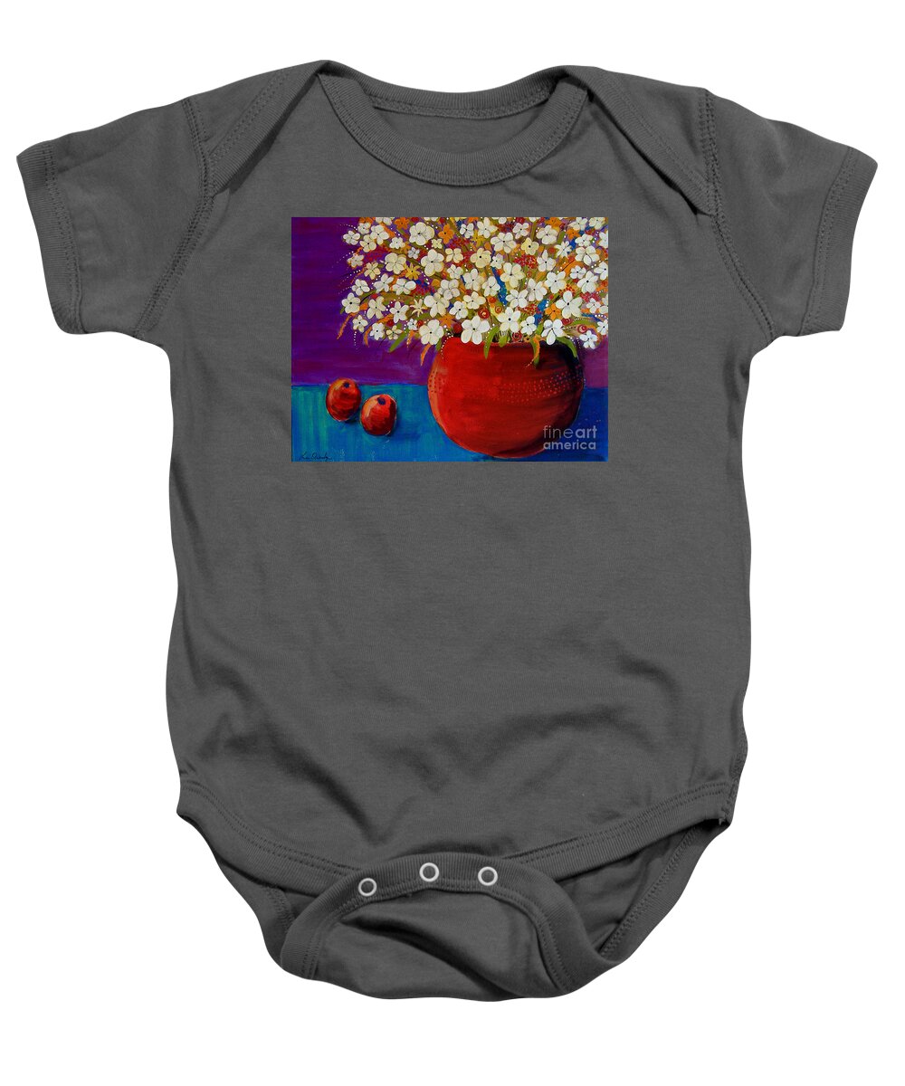 Red Vase Baby Onesie featuring the painting Red Vase With Flowers by Lee Owenby