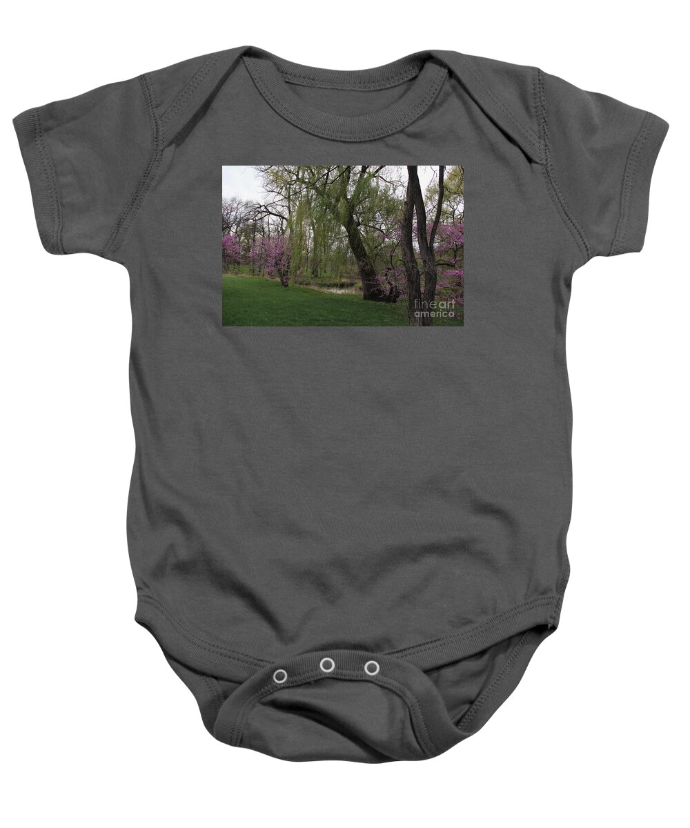 Redbud Baby Onesie featuring the photograph Redbud Trees and Willow Landscape by Anne Nordhaus-Bike