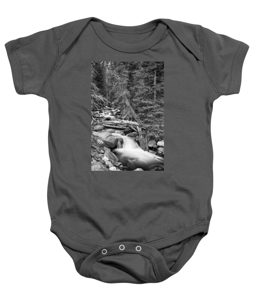 Mountain Stream Baby Onesie featuring the photograph Rocky Mountain Stream in Black and White by James BO Insogna