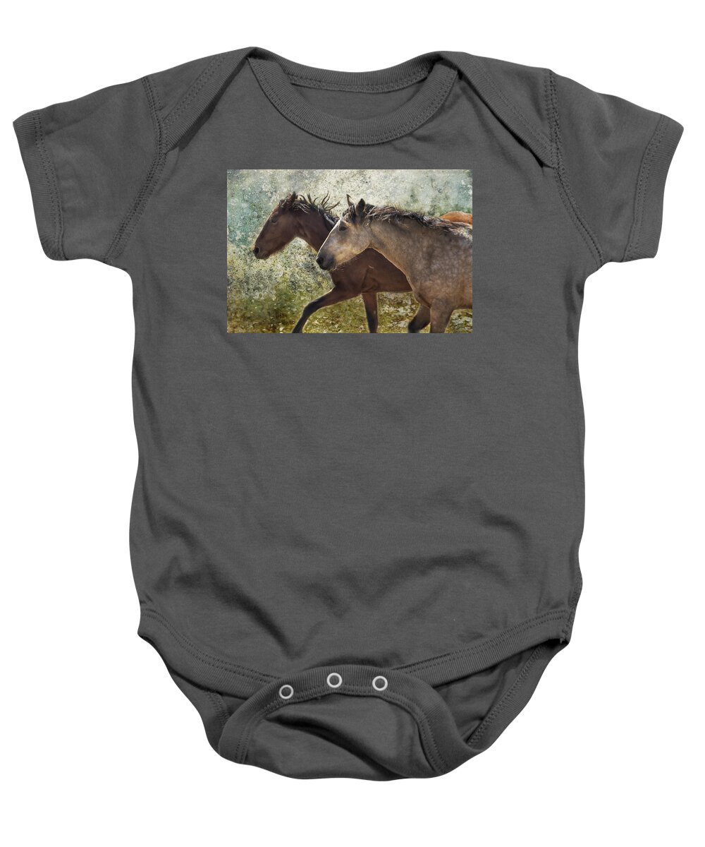 Pryor Mustangs Baby Onesie featuring the photograph Running Free - Pryor Mustangs by Belinda Greb