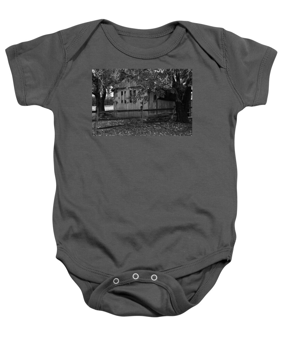 Autumn Baby Onesie featuring the photograph RUSTIC GARAGE in BLACK AND WHITE by Rob Hans