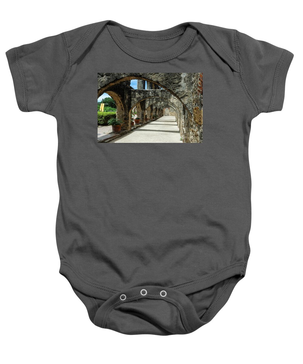 San Antonio Baby Onesie featuring the photograph San Antonio Mission arches by Paul Quinn