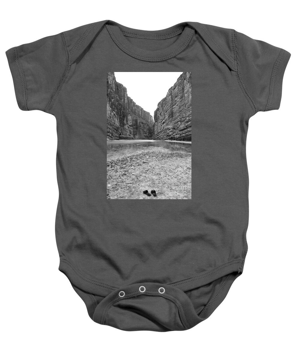 Big Bend National Park Baby Onesie featuring the photograph Sandals in Santa Elena Canyon Big Bend National Park Texas Black and White by Shawn O'Brien