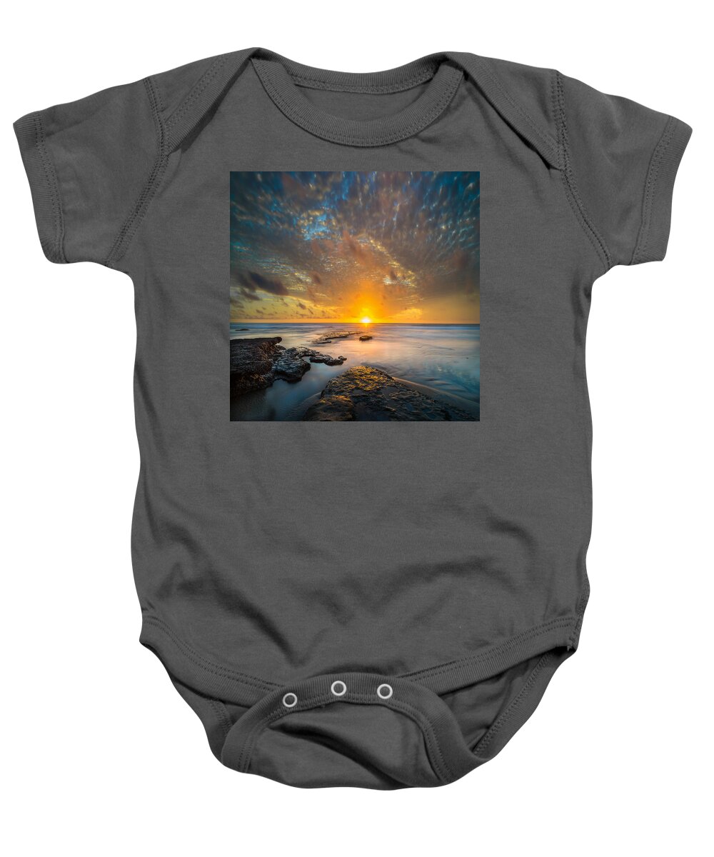 California; Long Exposure; Ocean; Reflection; San Diego; Sand; Seascape; Sunset; Sun; Clouds Baby Onesie featuring the photograph Seaside Sunset - Square by Larry Marshall