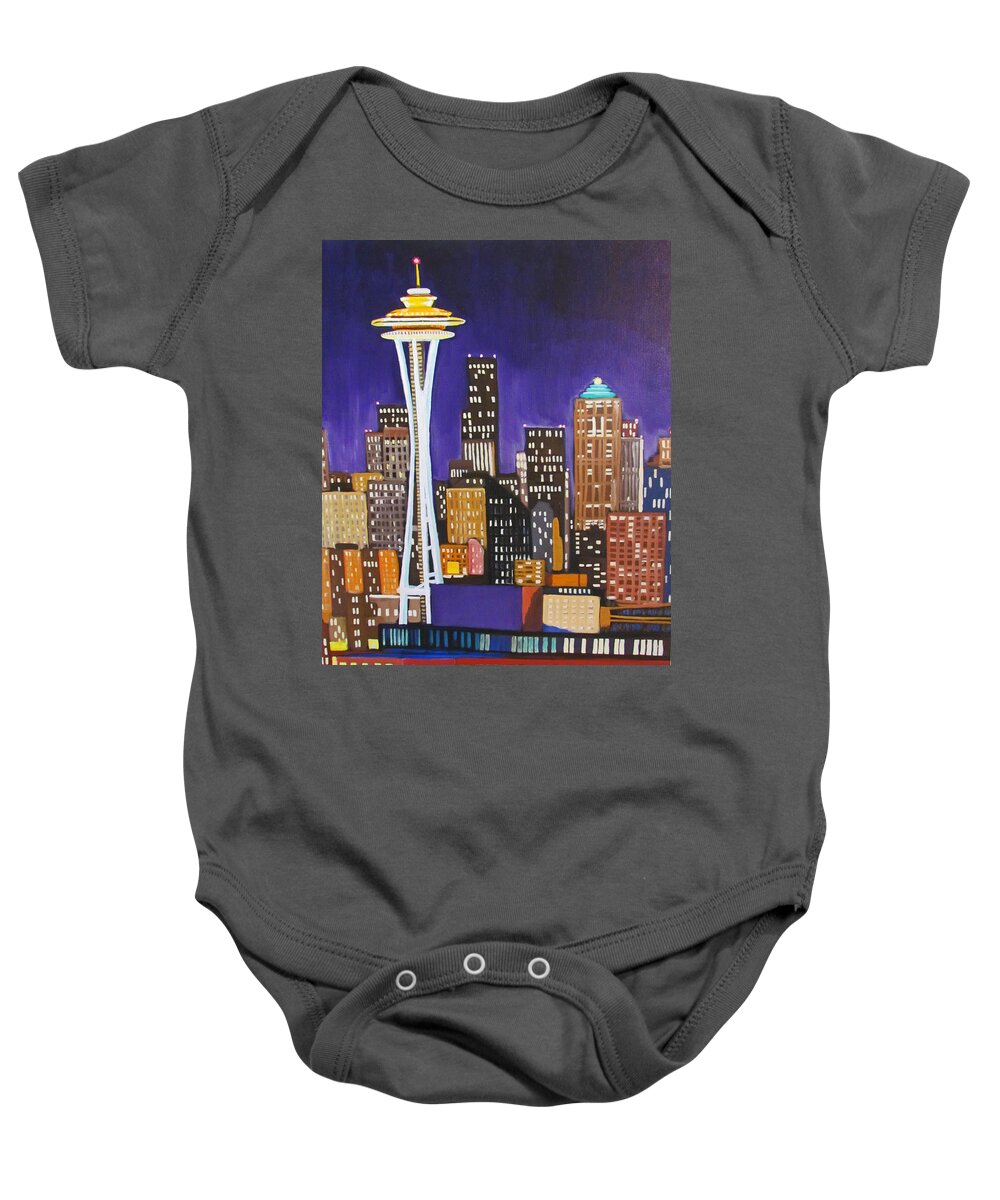 Seattle Baby Onesie featuring the painting Seattle Skyline by Kevin Hughes