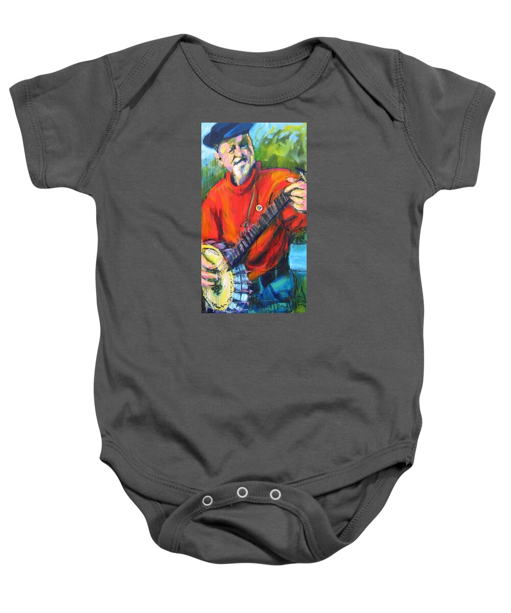 Pete Seeger Baby Onesie featuring the painting Seeger by Les Leffingwell