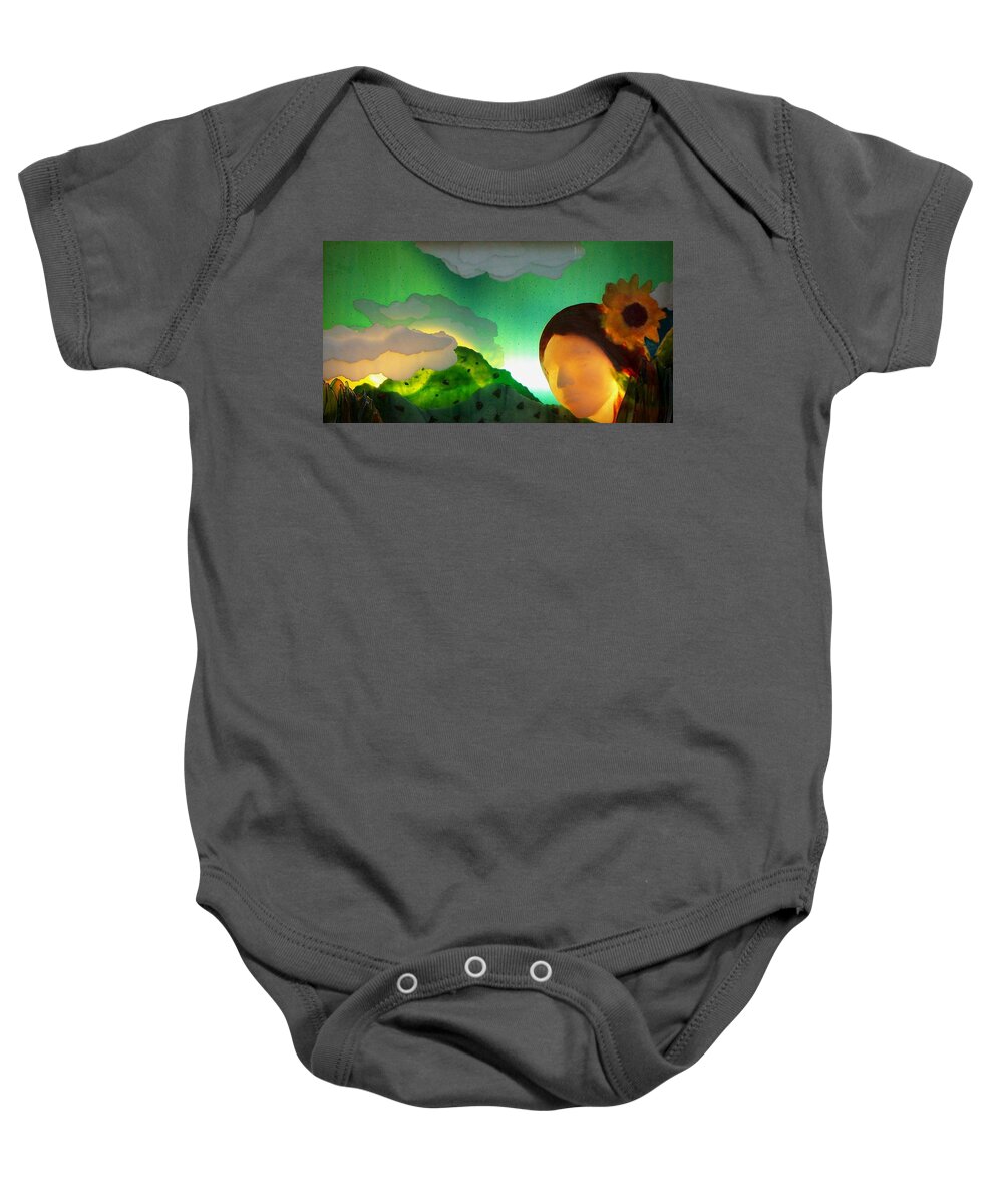 Fused Glass Baby Onesie featuring the glass art Self portrait in Glass by Marian Berg