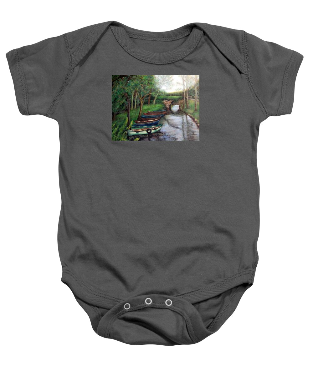 Boats Baby Onesie featuring the painting Serenity by Linda Markwardt
