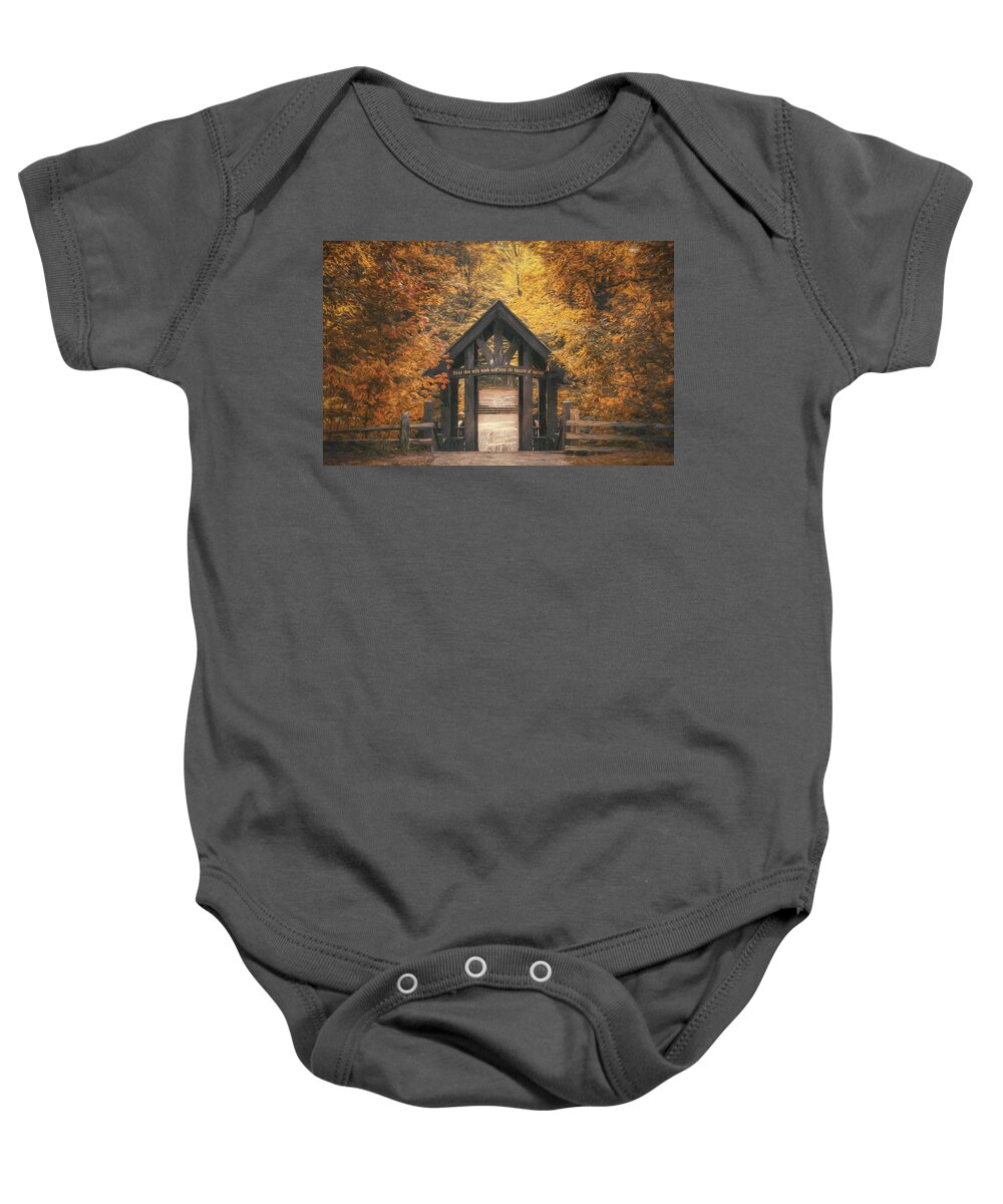 Forest Baby Onesie featuring the photograph Seven Bridges Trail Head by Scott Norris