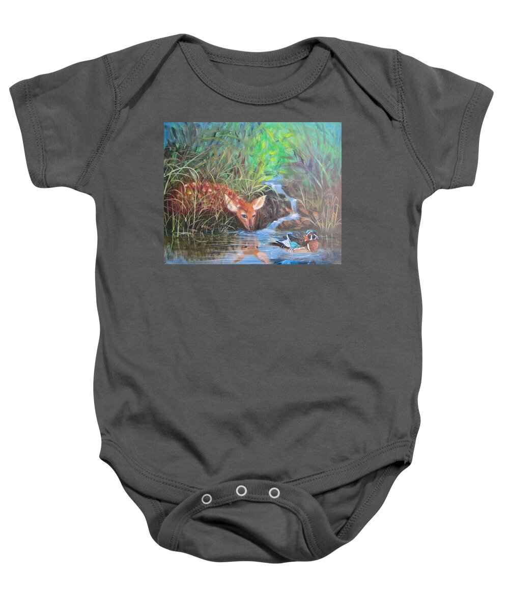 Deer Baby Onesie featuring the painting Sharing the Pond by Sherry Strong