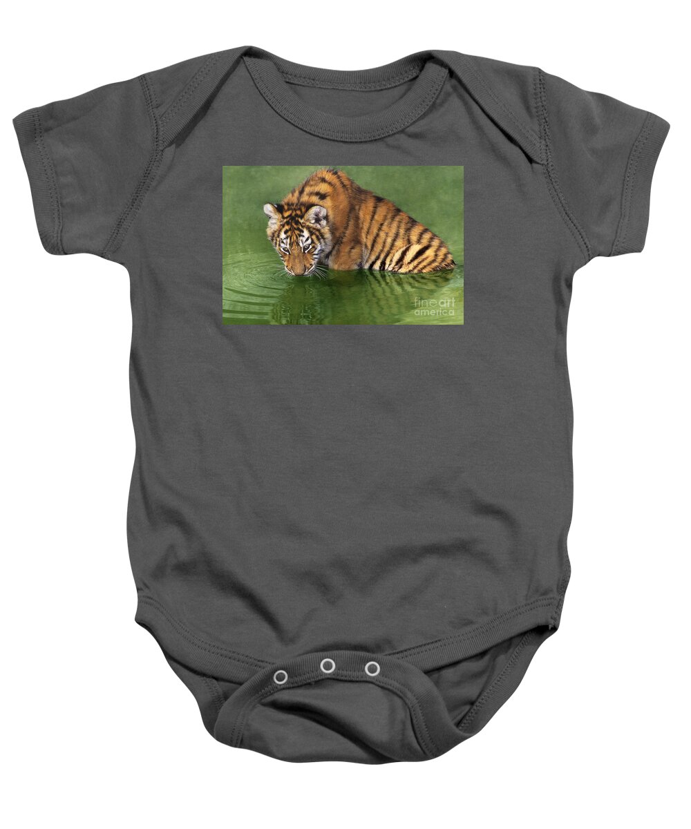 Siberian Tiger Baby Onesie featuring the photograph Siberian Tiger Cub in Pond Endangered Species Wildlife Rescue by Dave Welling