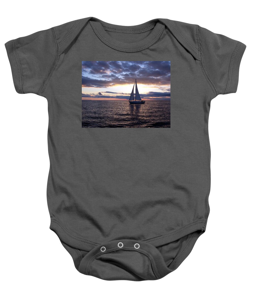 Sailboat Baby Onesie featuring the photograph Sister Bay Sunset Sail 1 by David T Wilkinson