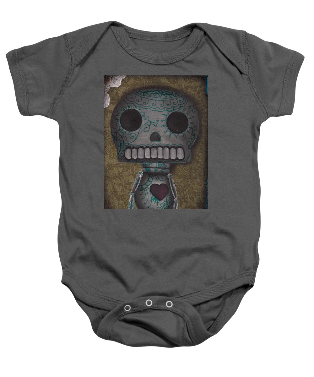 Day Of The Dead Baby Onesie featuring the painting Skelly with a Heart by Abril Andrade