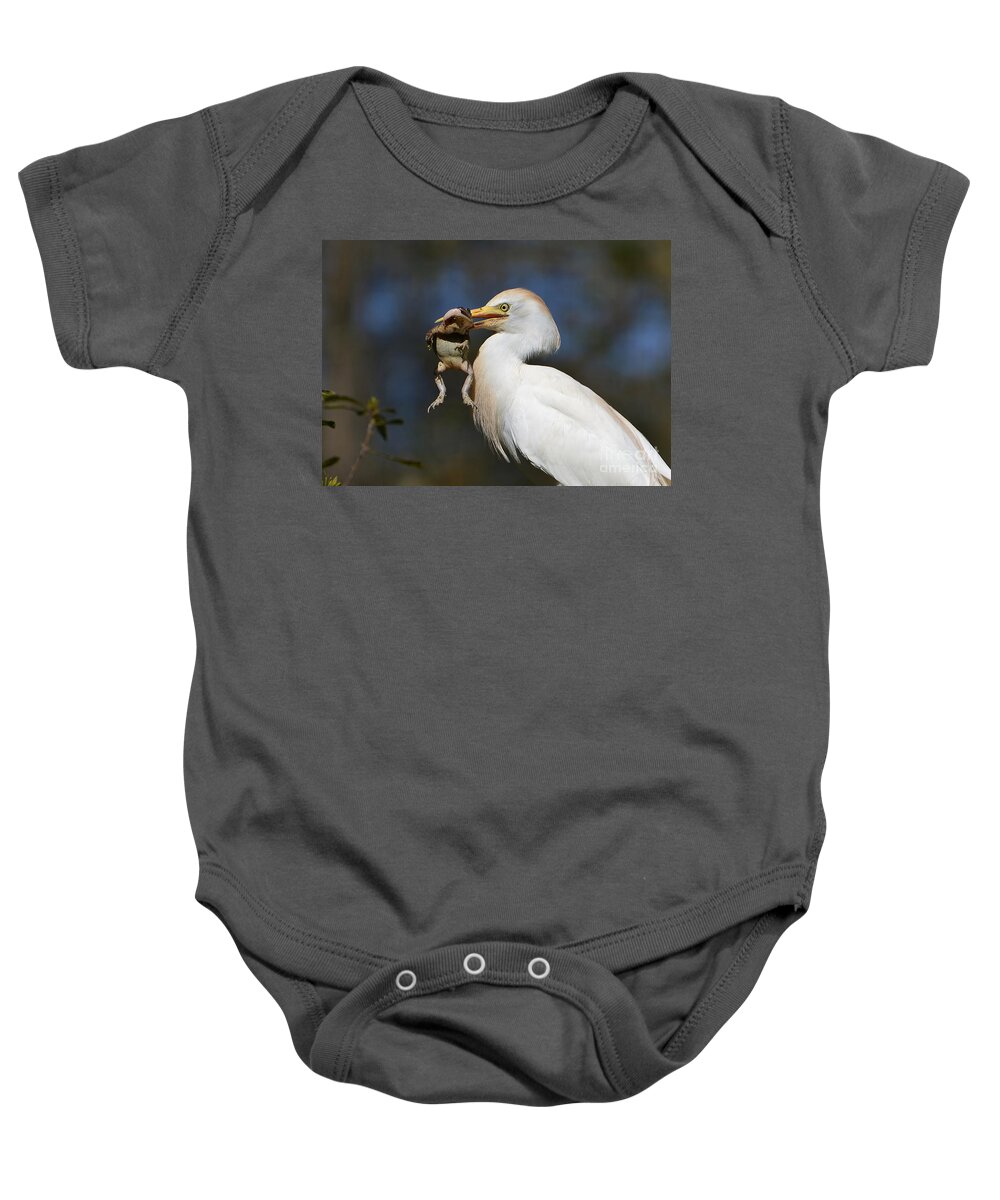 Egret Baby Onesie featuring the photograph Snagged by Kathy Baccari