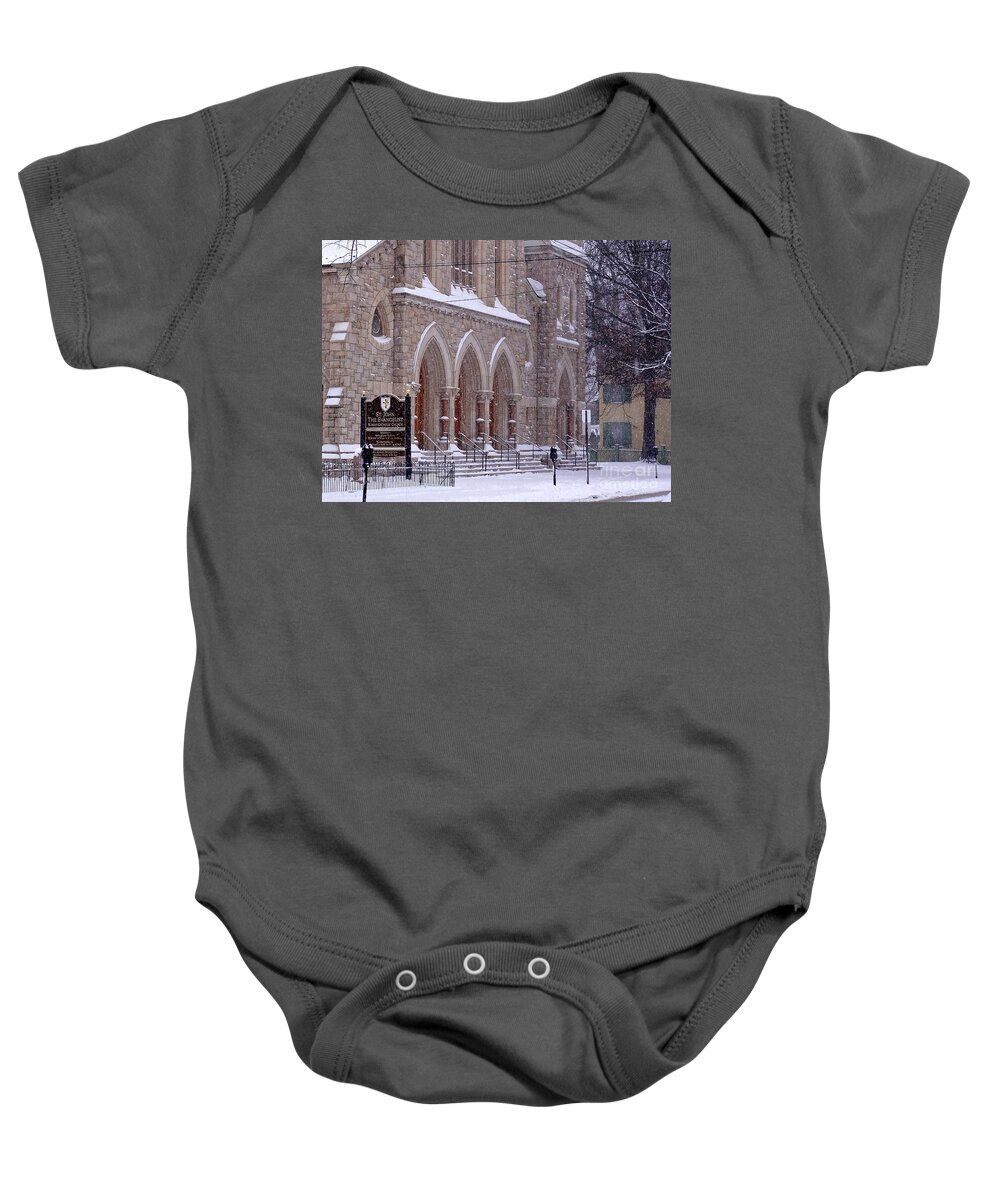 Church Baby Onesie featuring the photograph Snow at St. John's by Christopher Plummer