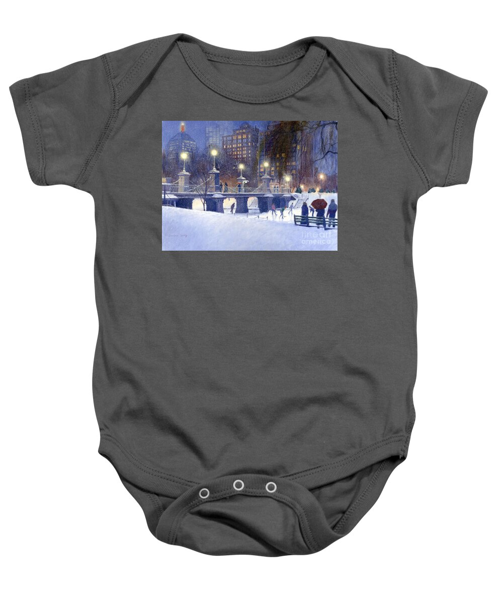 Boston Public Garden Baby Onesie featuring the painting Snowy Garden by Candace Lovely