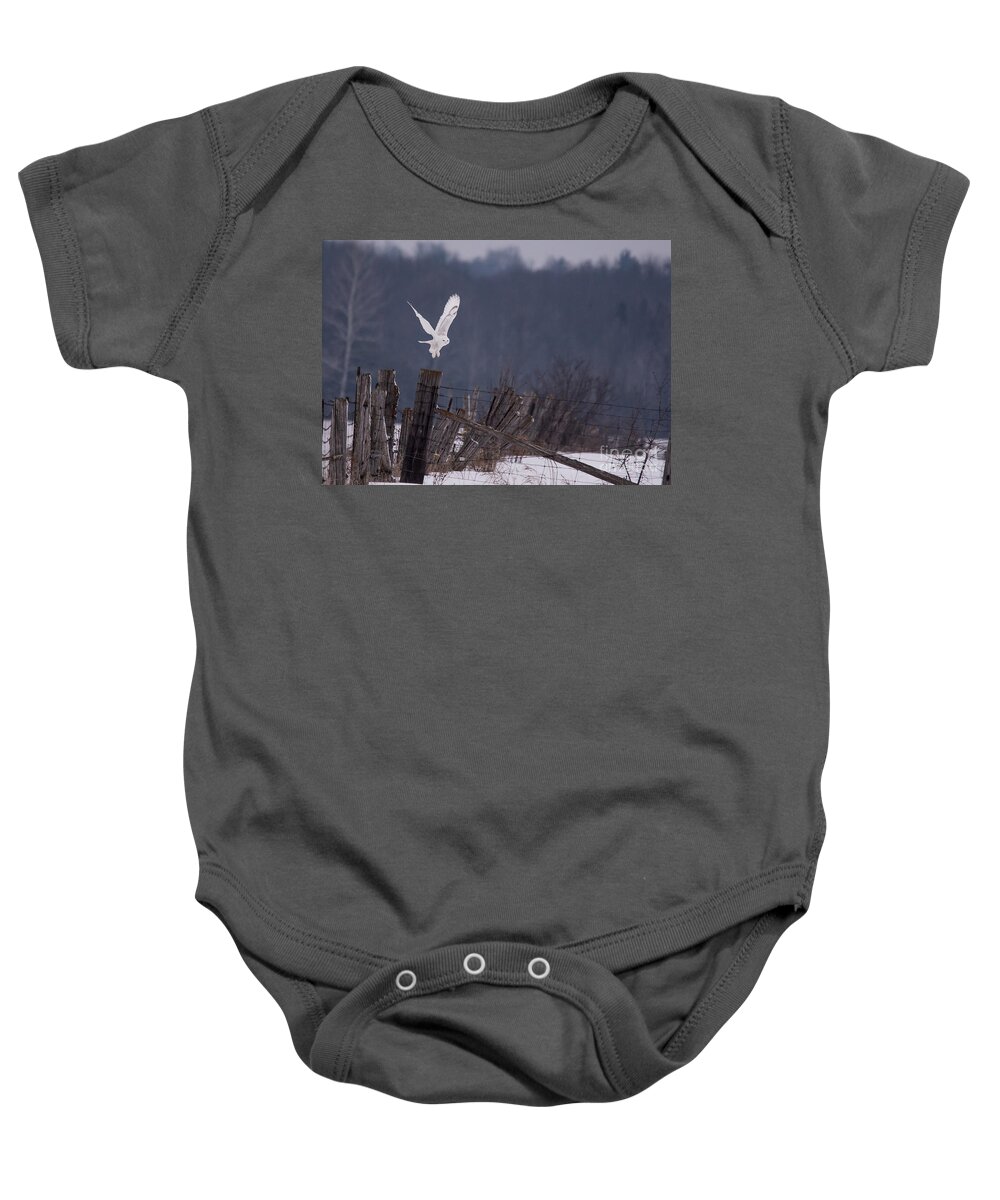 Field Baby Onesie featuring the photograph Snowy Lift Off by Cheryl Baxter
