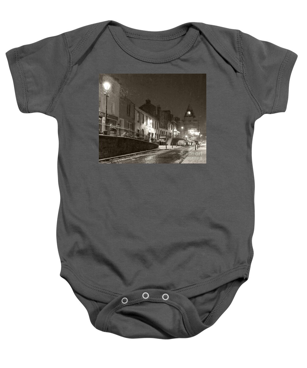 Snowing Baby Onesie featuring the photograph Snowy Night in Black and White by Elena Perelman