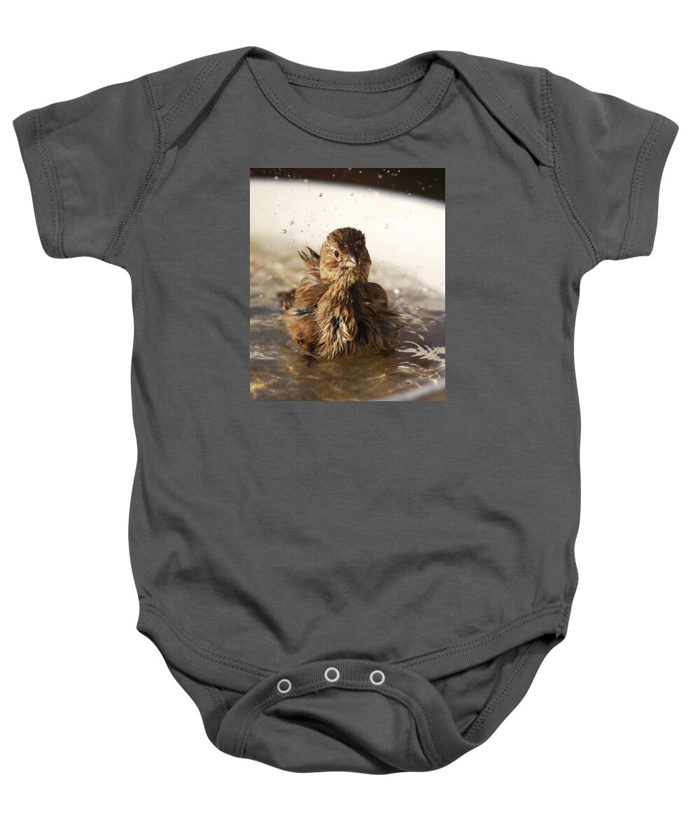 Sparrow Baby Onesie featuring the photograph Sparrow Bathing by Jean Clark
