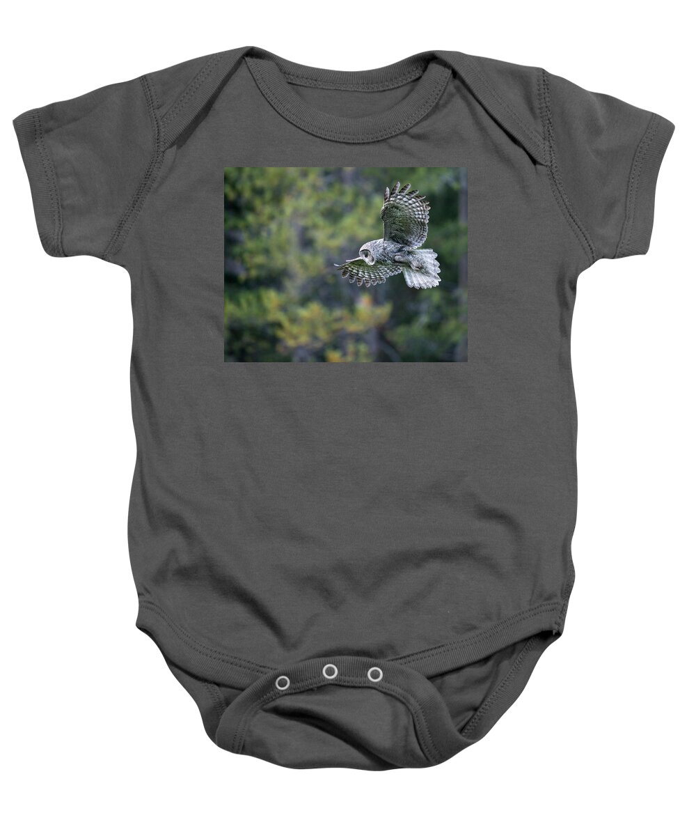 Great Gray Owl Baby Onesie featuring the photograph Spirit of the Forest by Max Waugh