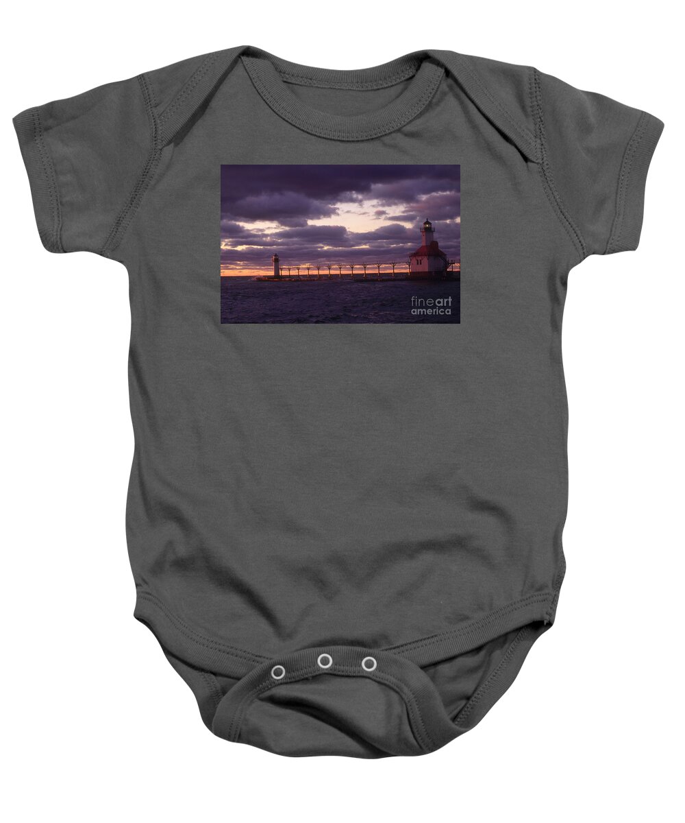 Lighthouse Baby Onesie featuring the photograph St. Joseph North Pier Lights, Mi by Bruce Roberts