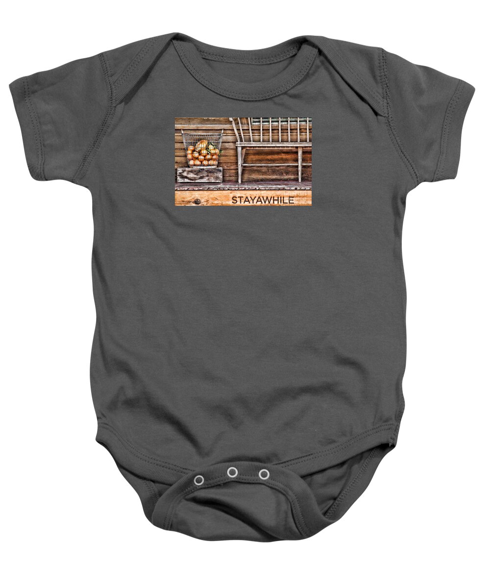 Bench Baby Onesie featuring the photograph StayAWhile by Diana Raquel Sainz