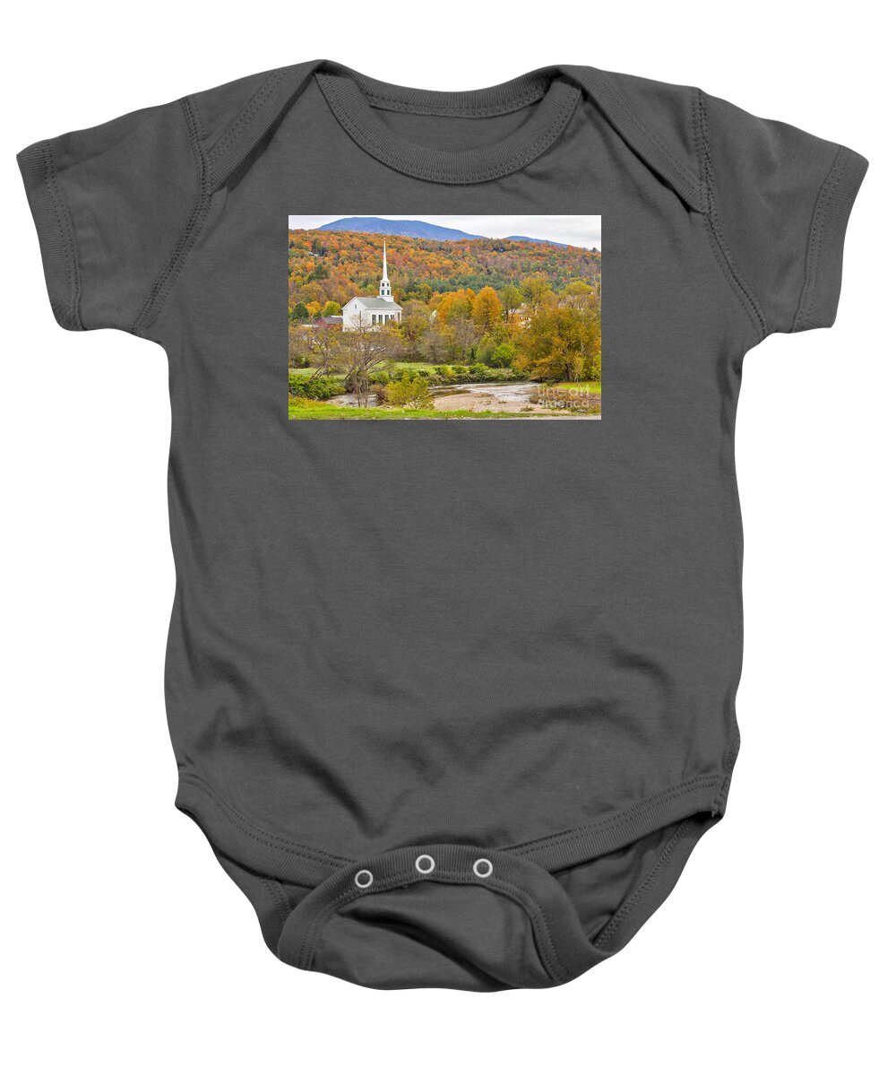Stowe Baby Onesie featuring the photograph Stowe Vermont community church and Little River by Ken Brown