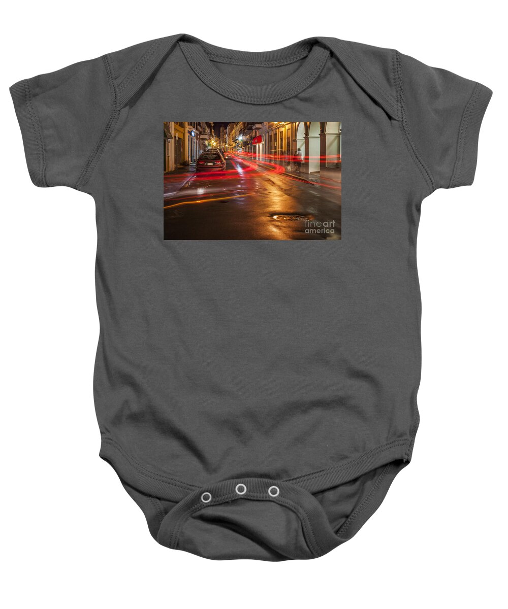 Bright Colour Baby Onesie featuring the photograph Streetscene at Night in Old San Juan Puerto Rico by Bryan Mullennix