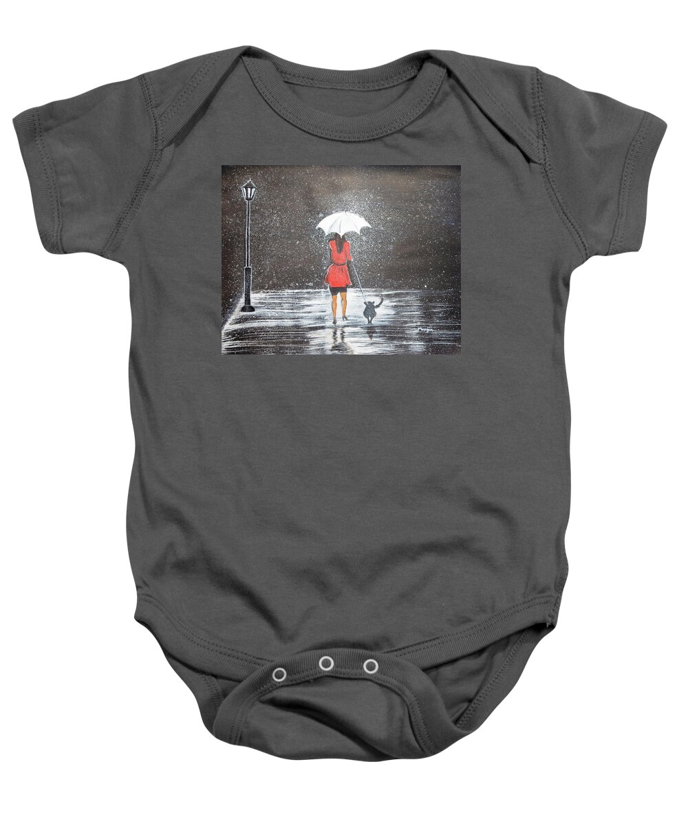 Rain Baby Onesie featuring the painting Stroll in the Rain by Manjiri Kanvinde