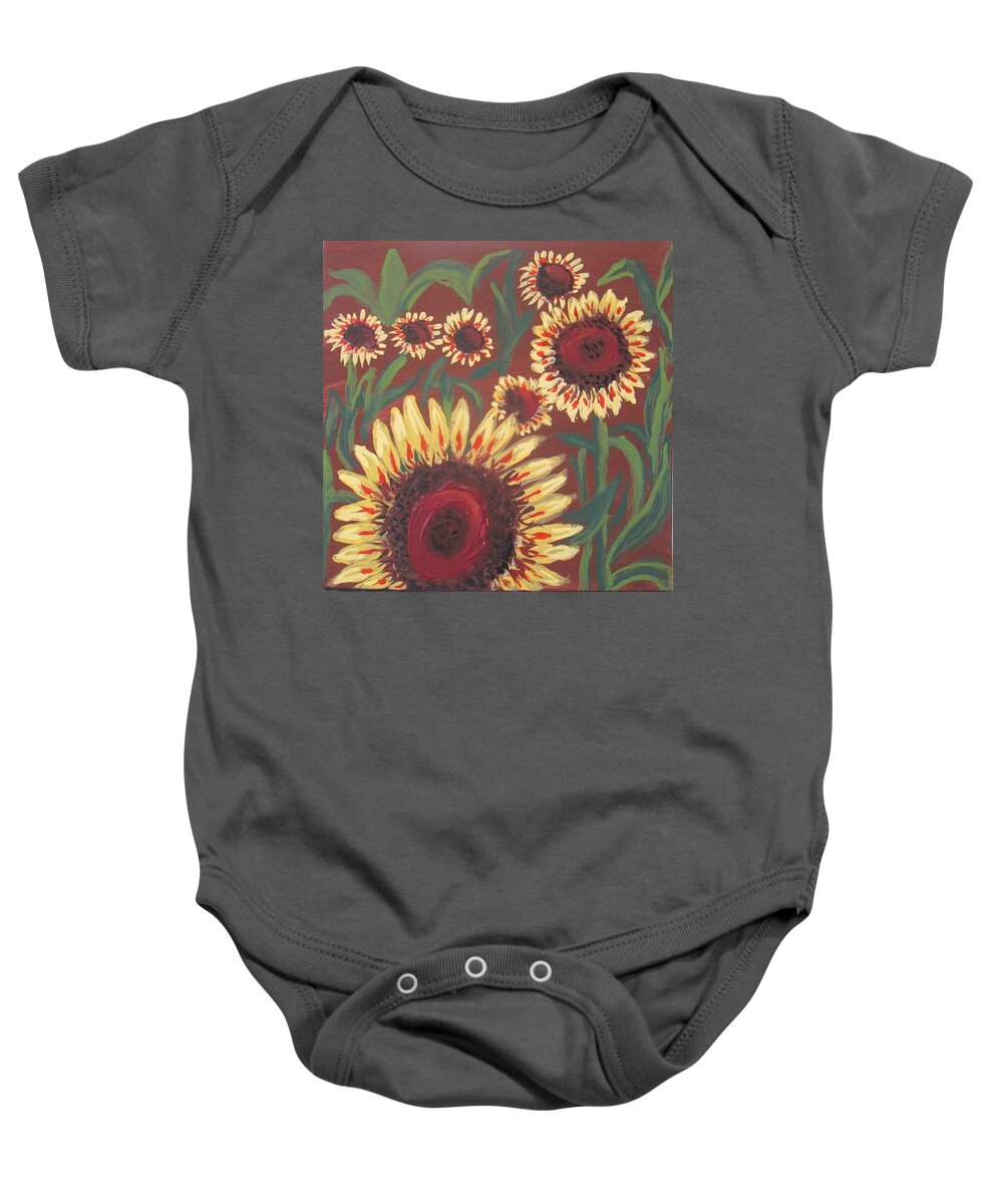 Field Baby Onesie featuring the painting Sunflower field by Jennylynd James