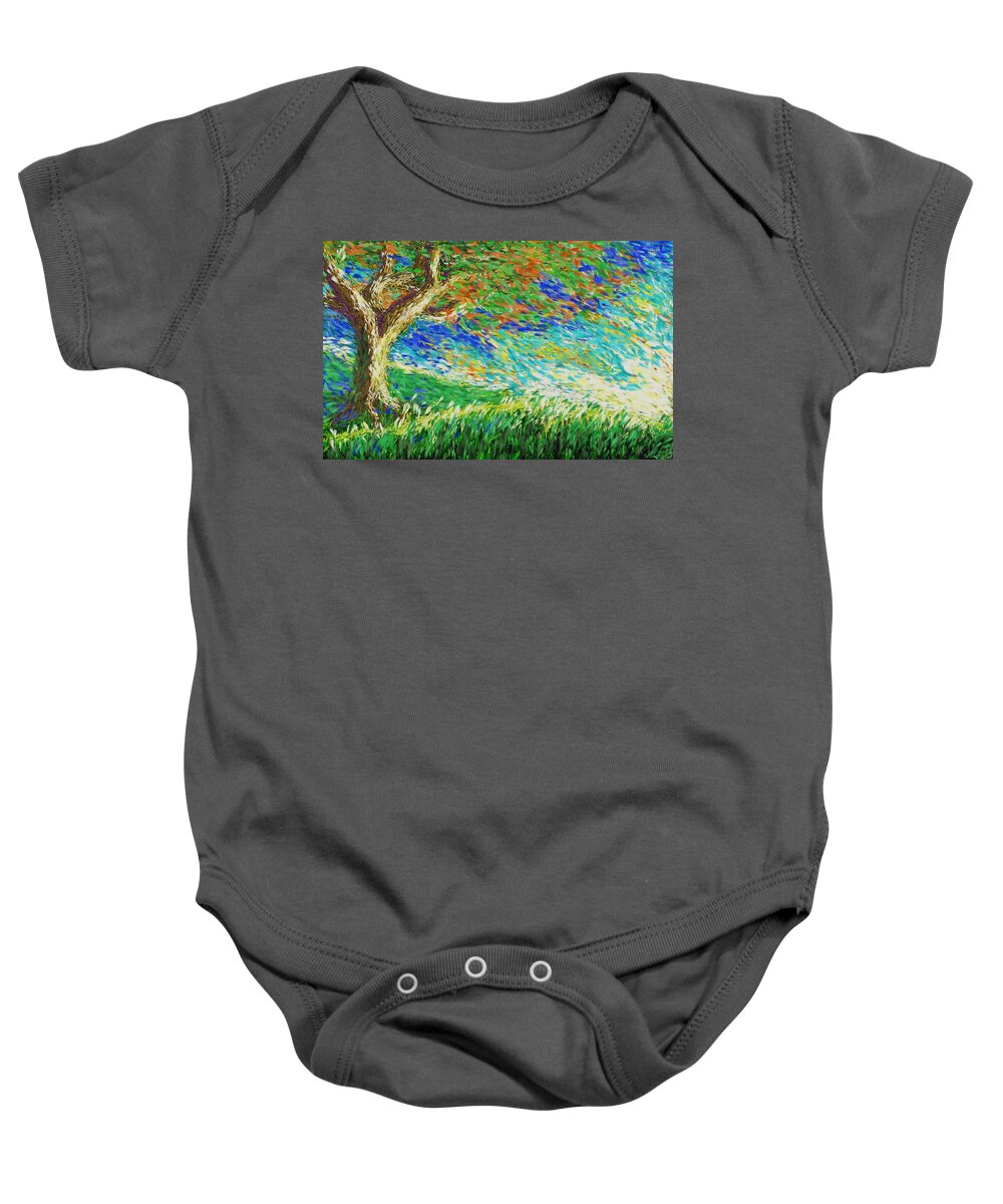 Hidden Mountain Baby Onesie featuring the painting The war of wind and sun by Hidden Mountain