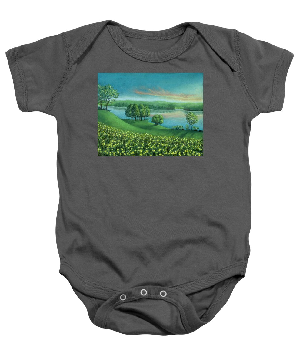 Sunset Baby Onesie featuring the pastel Sunset Lake A by Michael Heikkinen