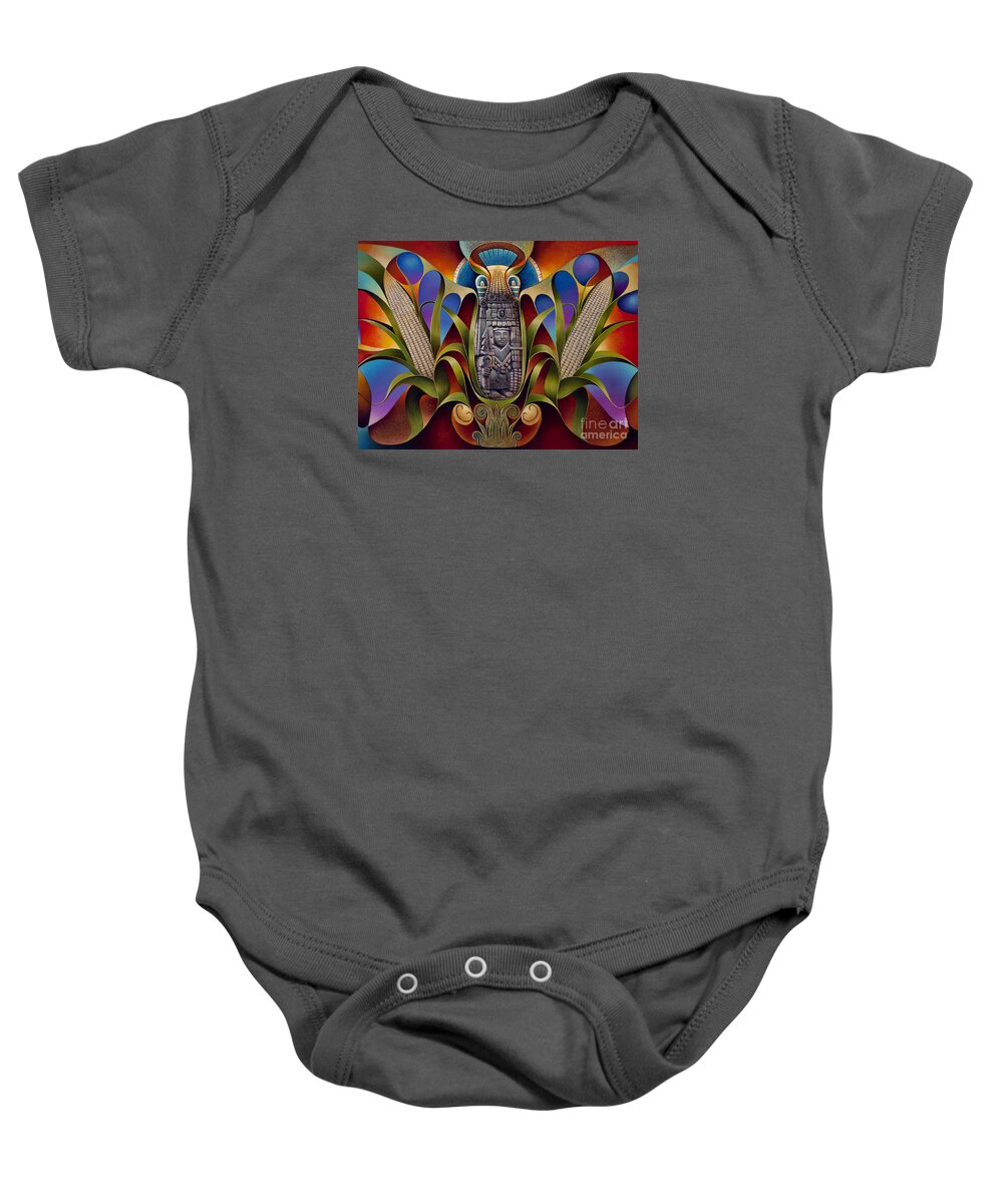 Aztec Baby Onesie featuring the painting Tapestry of Gods - Chicomecoatl by Ricardo Chavez-Mendez