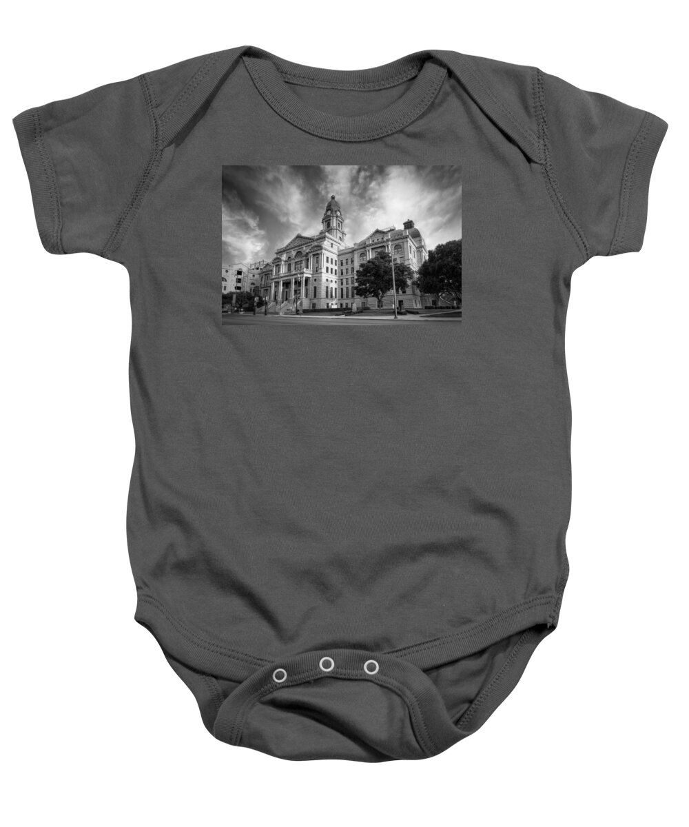 Courthouse Baby Onesie featuring the photograph Tarrant County Courthouse BW by Joan Carroll