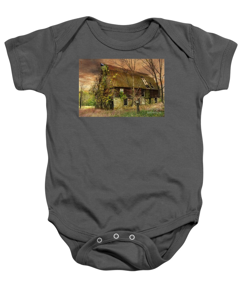 Nostalgia Baby Onesie featuring the photograph The Abandoned Barn by Debra Fedchin