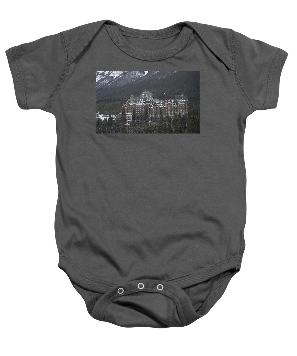 Banff Baby Onesie featuring the photograph The Banff Springs Hotel by Bill Cubitt