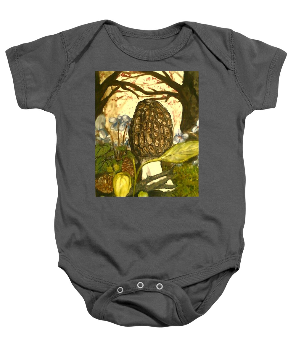 Morel Baby Onesie featuring the painting The Elusive Morel Among Violets by Alexandria Weaselwise Busen