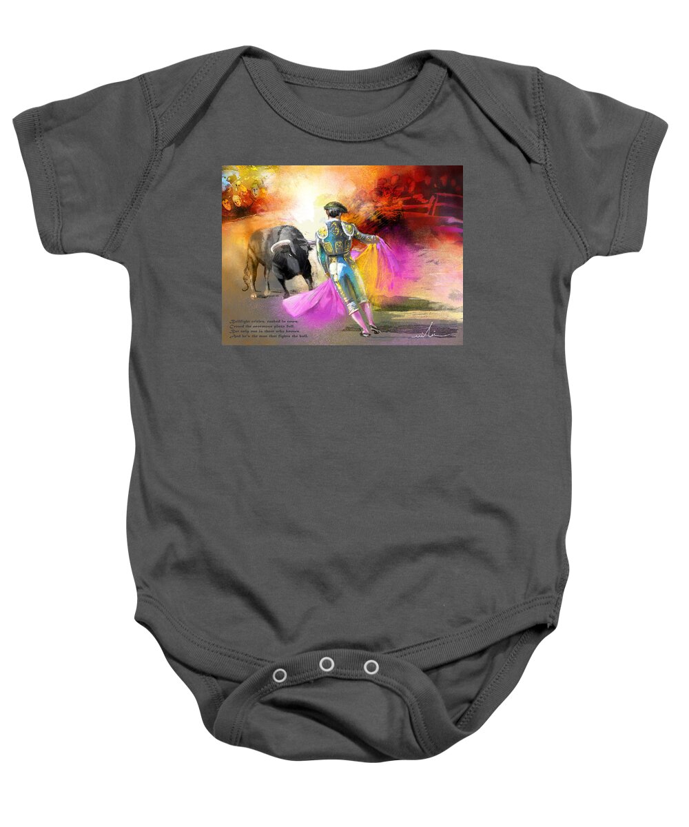 Bulls Baby Onesie featuring the painting The Man Who Fights The Bull by Miki De Goodaboom