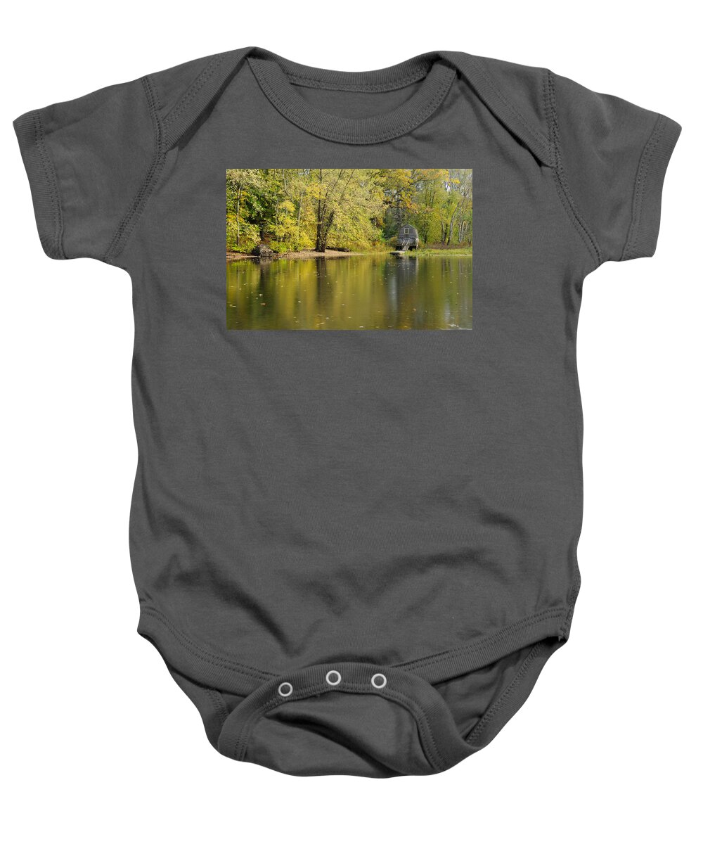 Autumn Baby Onesie featuring the photograph The Old Manse Boathouse by Luke Moore